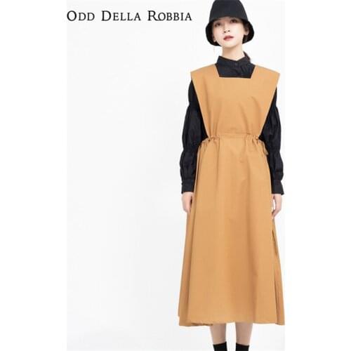 OddDellaRobbia Womens 2021 Spring Summer Japanese Lace-Up Sleeveless Literary Skirt Front And Back Mid-Length Dress 1189