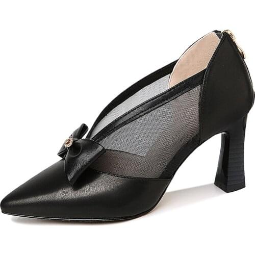 Pointed Thick-Heeled Shoes, Bow-Knot Decorated Net Yarn WomenS Shoes, Waterproof Platform WomenS Shoes