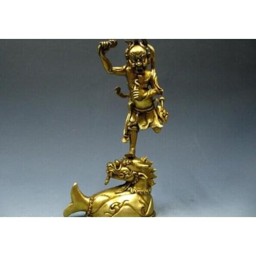 Song voge gem S1615 Chinese myth Vintage Pure Bronze Gild Xing Kui God Statue on Dragon Fish