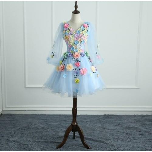 Quinceanera Dresses Long Sleeve Sweet Flowers Ball Gown Lace Elegant Short Colorful Prom Dress Party Formal Growns