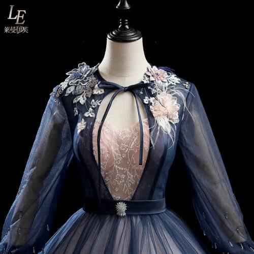 Luxury navy blue embroidery long sleeve royal queen long dress medieval Renaissance Victoria ball gown