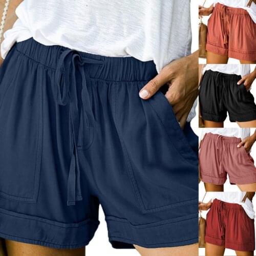 New Women Tie Belt Shorts Drawstring Pockets Summer Loose Elastic Waist Shorts for Beach Bottoms Summer Loose Trousers Hotpants
