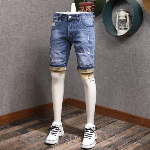 Summer Men Blue Ripped Jeans Shorts Fashion Letter Printed Straight Slim Fit Mens Denim Shorts