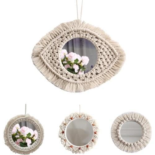 Boho Style Hand Woven Hanging Mirror With Tassel Fringe Round Art Make Up Mirror Decoration Eye Shaped Wall Mirror Ornament