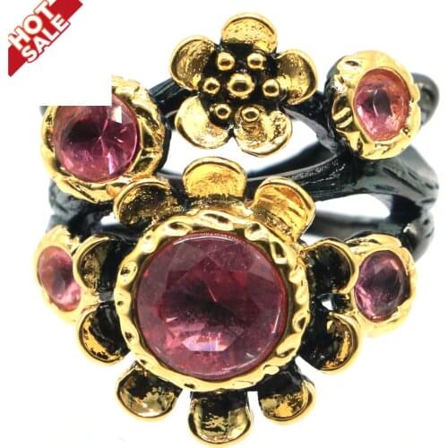 24x24mm Unique Bohemia Design 11g Created Green Peridot Pink Tourmaline Cool Black Metal For Women Silver Rings Neo-Gothic