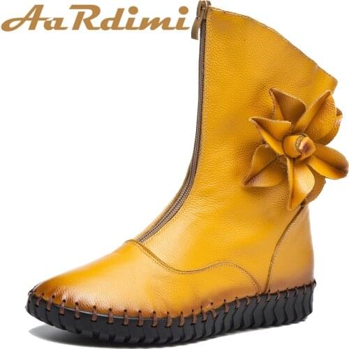 AARDIMI Retro Flower Women High Boots Genuine Leather Mid-Calf Boots Women Shoes Cowhide Zip Winter Autumn Boots Female