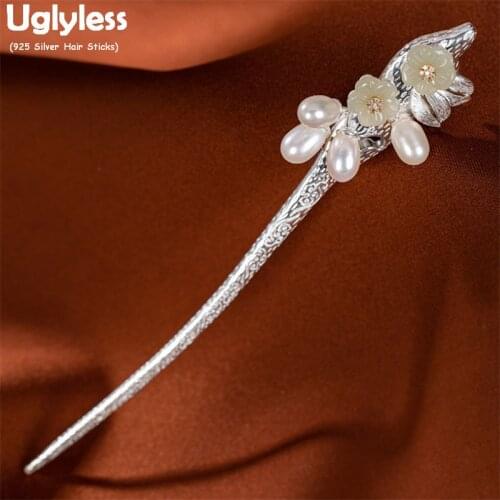 Uglyless Natural Water Drop Pearls Hair Sticks for Women Elegant Eastern Hair Jewelry Solid 925 Silver Jade Flower Hair Forks