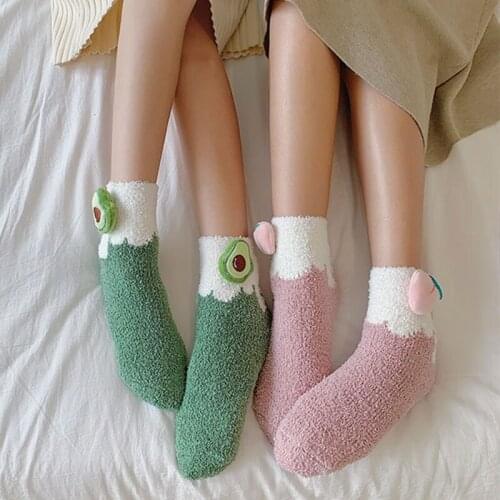 M7DD 6 Pairs Women Winter Thick Fuzzy Plush Crew Slipper Socks Cute Cartoon Fruit Contrast Color Fluffy Warm Cozy Hosiery