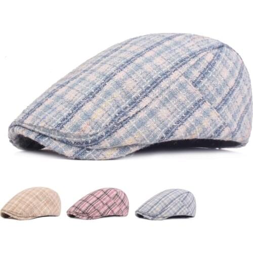 Womens Plaid Beret Literary Fresh Forward Hat Mens Hat Sun Hat Flat Cap