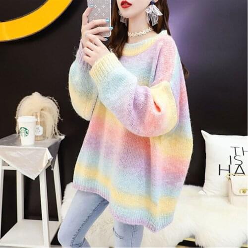 Autumn Women Knitted Sweater Pullover Fashion O-Neck Rainbow Long Sleeve Pink Knitwear Loose Oversize Jumper Ladies Tops H1527