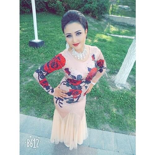 Women Sparkly Rhinestones Red Rose Dress Sexy Nightclub Full Stones Long Big Tail Dress Costume Prom Birthday Celebrate Dresses