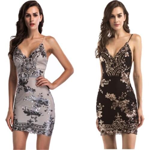 Women Summer Sequins Dress New Fashion Shiny Elegant Party Deep V Neck Short Mini Dress Sexy Evening Party Club Dresses Sundress