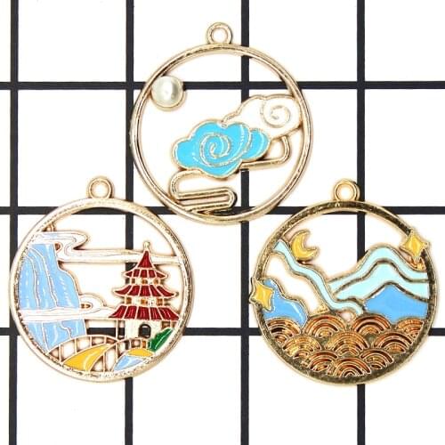 10pcs Enamel Chinese style Auspicious Fairy Crane Moon stars Clouds Tower Alloy Pendant Jewelry Accessories DIY Headwear Earring