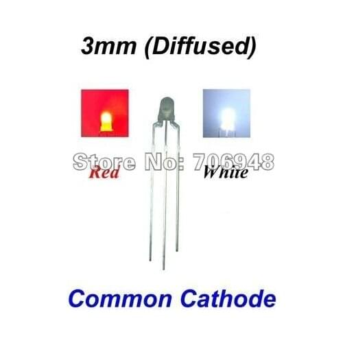 1000pcs/lot White / Red 3mm 3 Pins Diffused Common Cathode/Anode LED diode