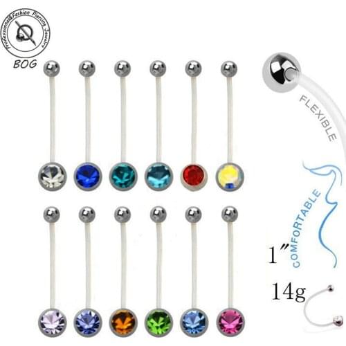 12 Pieces 14G 1" InchAcrylic Flat CZ Gem Bioplast Flexible Pregnancy Navel Belly Button Rings Piercing Charming Navel Bar