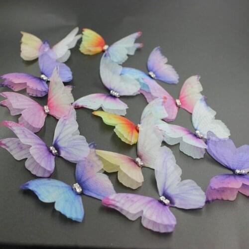 56PCS Gradient Color Organza Fabric Butterfly Appliques 50mm Asymmetric color Butterfly for Party Decor, Doll Embellishment