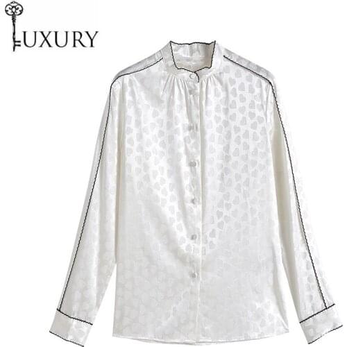 Blouse Shirts 2020 100%Silk Summer Style Women Sweetheart Love Print Color Block Patchwork Long Sleeve White Black Elegant Shirt