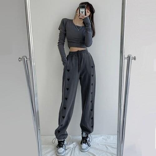 Heart Embroidery Tie Feet Casual Trousers for Women Korean Fashion Pants Female Elegant Harajuku Streetwear High Waist Pants