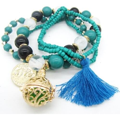 Tribal Multi Strand Beads with Coin Cord Tessel Locket Charms Fashion Diffuser Bracelet