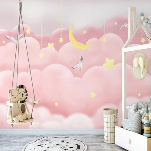 Photo Wallpaper Modern Nordic Style Hand-painted Pink Clouds Starry Sky Fantasy Childrens Bedroom Background Wall Mural Fresco