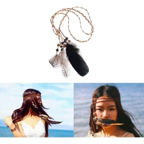 Boho Indian Feather Headband Headdress Hair Rope Headwear Tribal Hippie Party