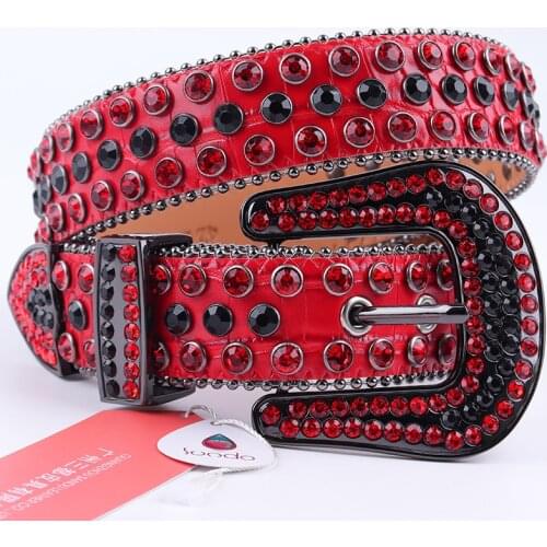 Red Rhinestone Belt Western Cowboy Strap Belts For Crystal Designer Bling Diamond Studded Belt High Quality Genuine Leather Belt