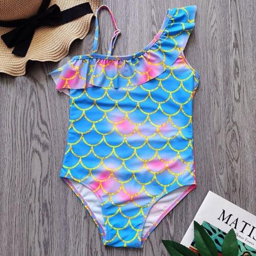 Fish Scale Girl Swimsuit Kids One Piece Ruffle Two Piece Childrens Swimwear 4-12 Years Toddler Girls Bathing Suit Monokini 2021
