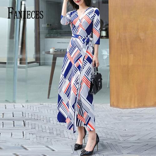 16 Colors Summer Dresses Women V-neck Sexy Waist Summer Floral Print Maxi Wrap Dress Casual Beach Style Vestidos Dropshipping