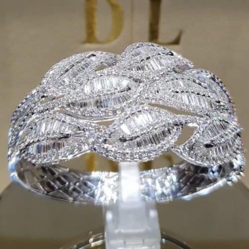 Personality Exaggeration Leaves Crystal Ring Elegant Girl Inlay Zircon Silver Color Ring Luxury Lady Wedding Engagement Jewelry