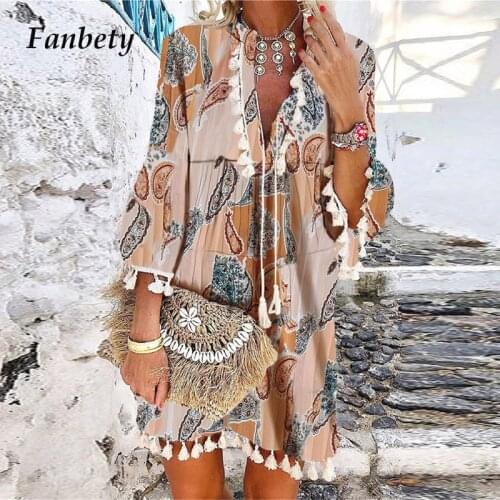Fashion Vintage Print Tassel Design Party Dress Women Summer Elegant V-Neck 3/4 Sleeve A-Line Dresses Ladies Casual Loose Dress