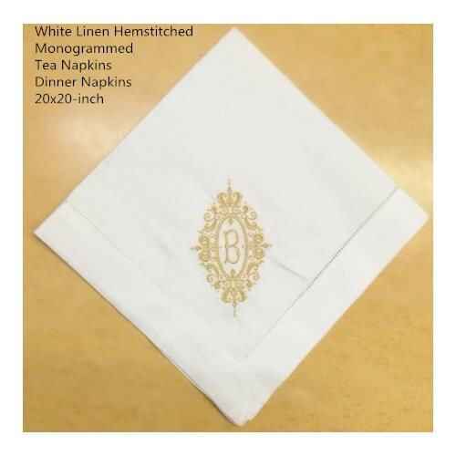 Set of 12 Fshion Monogrammed Dinner Napkins White linen Hemstitch Table Napkins 20"x20"Ladder Embroidered Initial B Tea Napkins