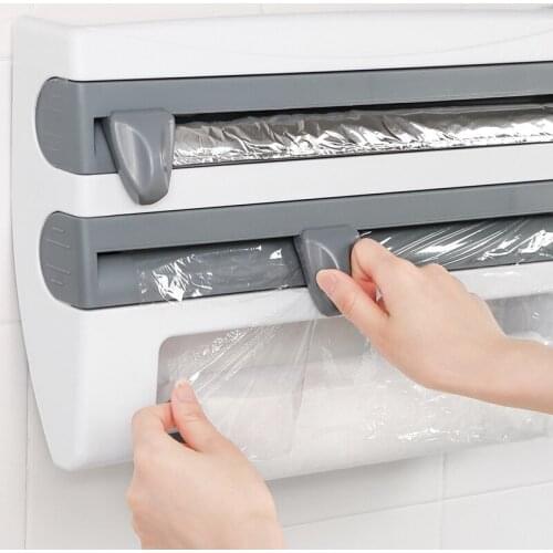 With Cutter Wall-Mount Paper Towel Holder Sauce Bottle Storage Rack 4In1 Plastic Film Cutter Mutifunction Kitchen Organizer Tool