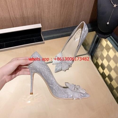 New female pointed toe bow rhinestone stiletto crystal bridesmaid shoes blingbling lace crystal bow high heel dress shoes