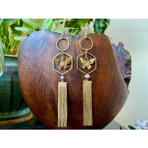The gold plated Long Geometric butterfly earrings.,Celestial Witchy Metaphysical Jewelry