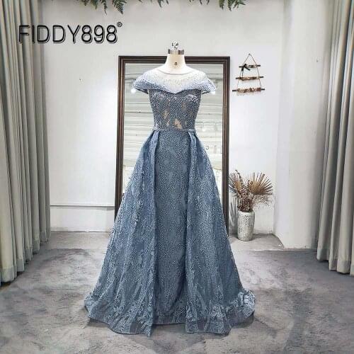Luxury Evening Dress A-Line Long Prom Dress Lace Beaded Formal Evening Gown Blue robe de soirée de mariage