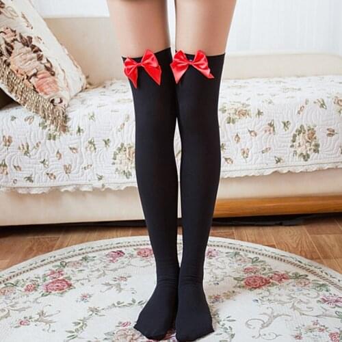 Sexy Women Girl Nylon Stretchy Meias Coxa Alta Over The Knee High Socks Stockings Tights With Bows Thigh