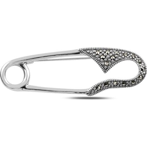 Silver 925 Sterling Safety Pin With Marcasite Stone Brooch