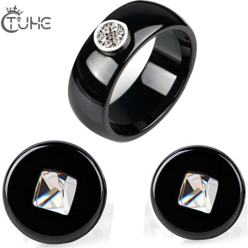 Fashion Austrian Crystals Black Circle Jewelry Sets Geometric Earrings Never Fade Ceramic Rings Stud Earrings Jewelry Women Gift