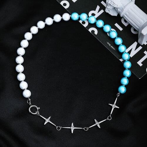 Blue and White Imitation Pearl Cross Stitching Choker Necklaces for Men Boy Fashion Charm Jewelry