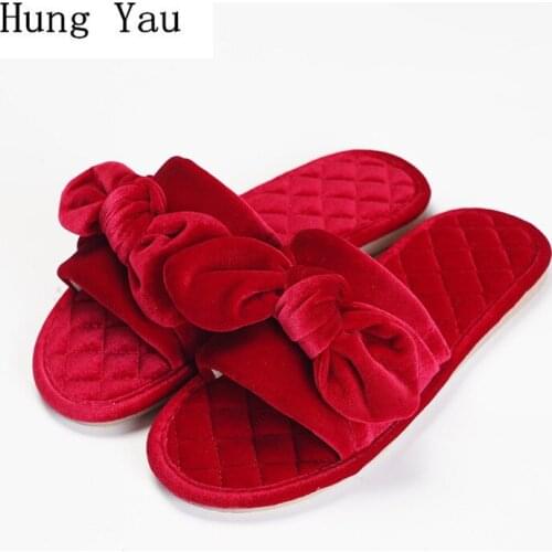Women Slippers Shoes Fashion Flock Solid Red Platform Butterfly-knot Autumn Male Slides Non-slip Flat Indoor Home Flips Flops
