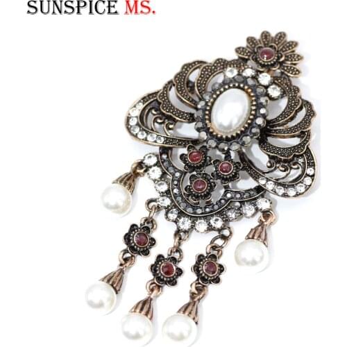 SUNSPICE MS Ethnic Turkish Imitation Pearl Brooch Pin for Women Antique Gold Color Long Flower Broches Brooches Caftan Hijab Pin