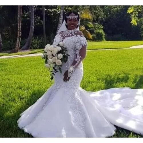 African Plus Size Wedding Dresses 2022 High Neckline Illusion Long Sleeve Appliques Beaded Mermaid Bridal Gowns Court Train
