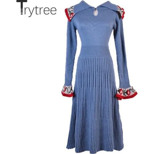 Trytree Autumn Winter Knitting Dress Women Casual Embroidery Peter Pan Collar Flare Sleeve A-Line Office Lady Knee-Length Dress