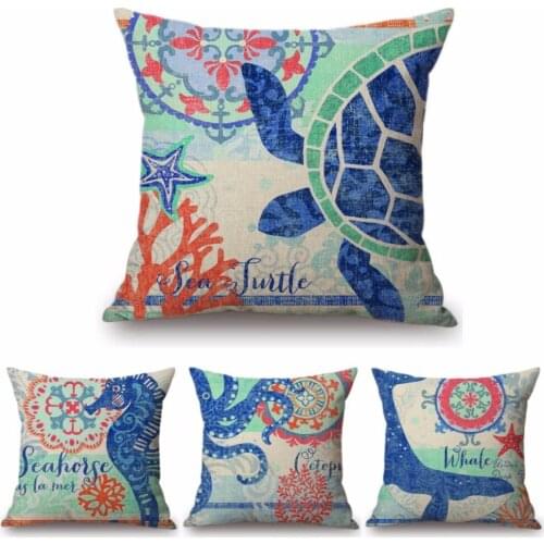 Vintage Ocean Animal Aquatics Sea Horse Turtle Whale Nordic Sofa Throw Cushion Cover Case Blue Cotton Linen Outdoor Pillow Cases