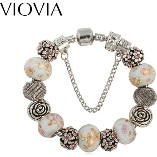 VIOVIA New Arrival High Quality White Flower Glass Beads Fashion Antique Silver Color Bracelets & Bangles For Women Gift B15241