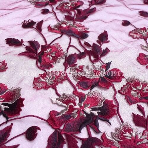 Hight quality fashoin Beige/wine mixed color heave embroidered dress lace fabric 51'' width 1 yard