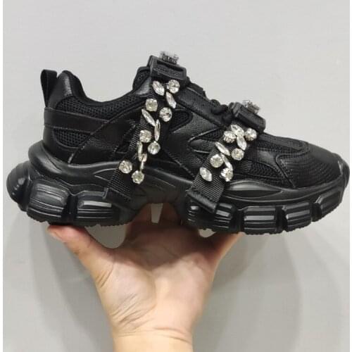 Womens Mesh Rhinestones Diamond Sneakers Lace Up Lace Up Sport Platform High Heel Shoes Black White New 2022
