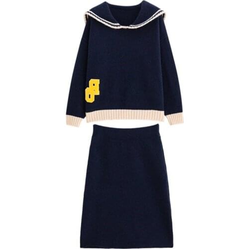 PERHAPSU U Casual Women Knitted Two Pieces Set Loose Sweater + Pencil Skirt For Women Navy Blue Beige Sailor Collar Bow T0466