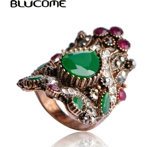 Blucome Fashion Turkish Style Large Ring Green Vintage Flower Jewelry Resin Women Lady Engagement Rings Party Accessories Gift