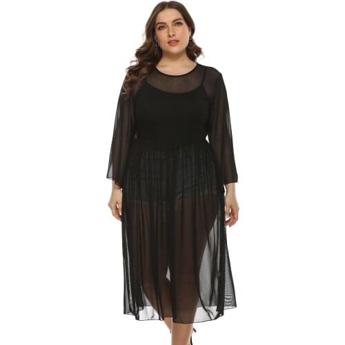 2021 new fashion solid color round neck long sleeve waist sexy sheer mesh plus size womens beach long dress regular